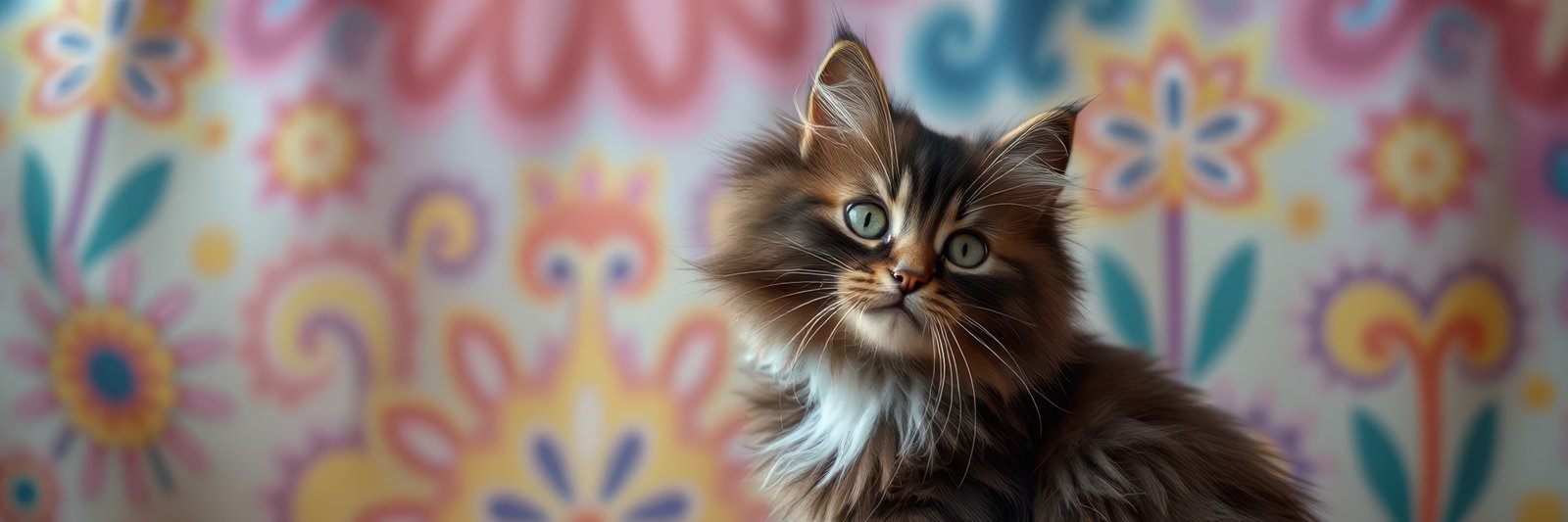 Fluffy tabby cat poses against a colorful floral background in a cozy indoor setting
